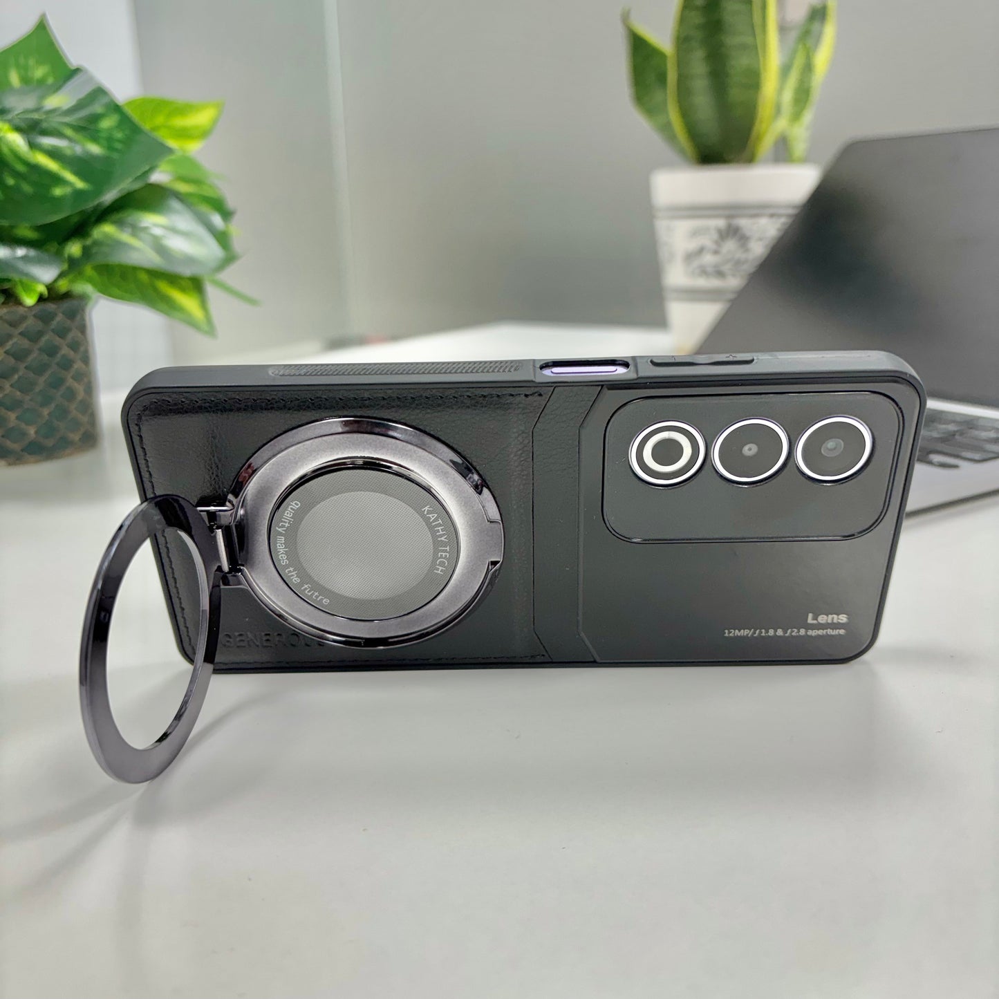 Oppo A3 Pro 5G Original Luxury Leather Lens Magnifier Ring Stand Case