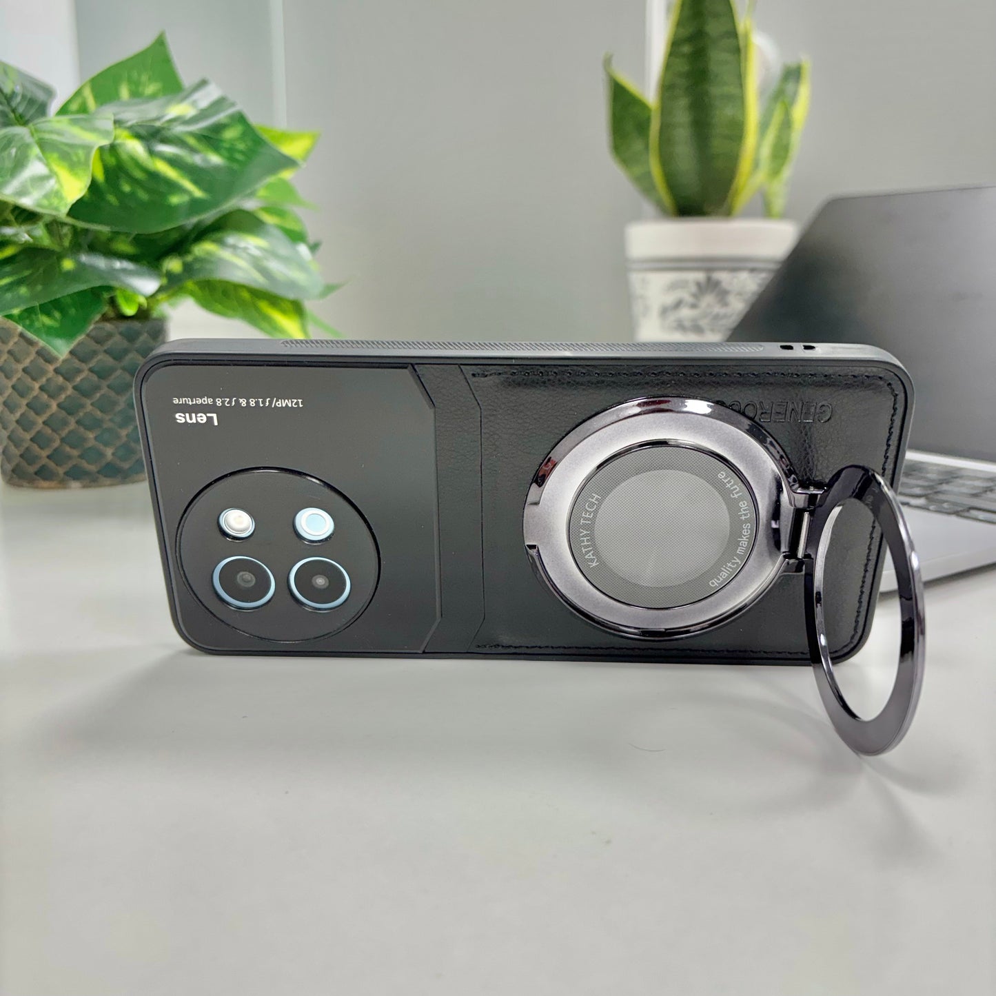 Vivo Y58 5G Original Luxury Leather Lens Magnifier Ring Stand Case