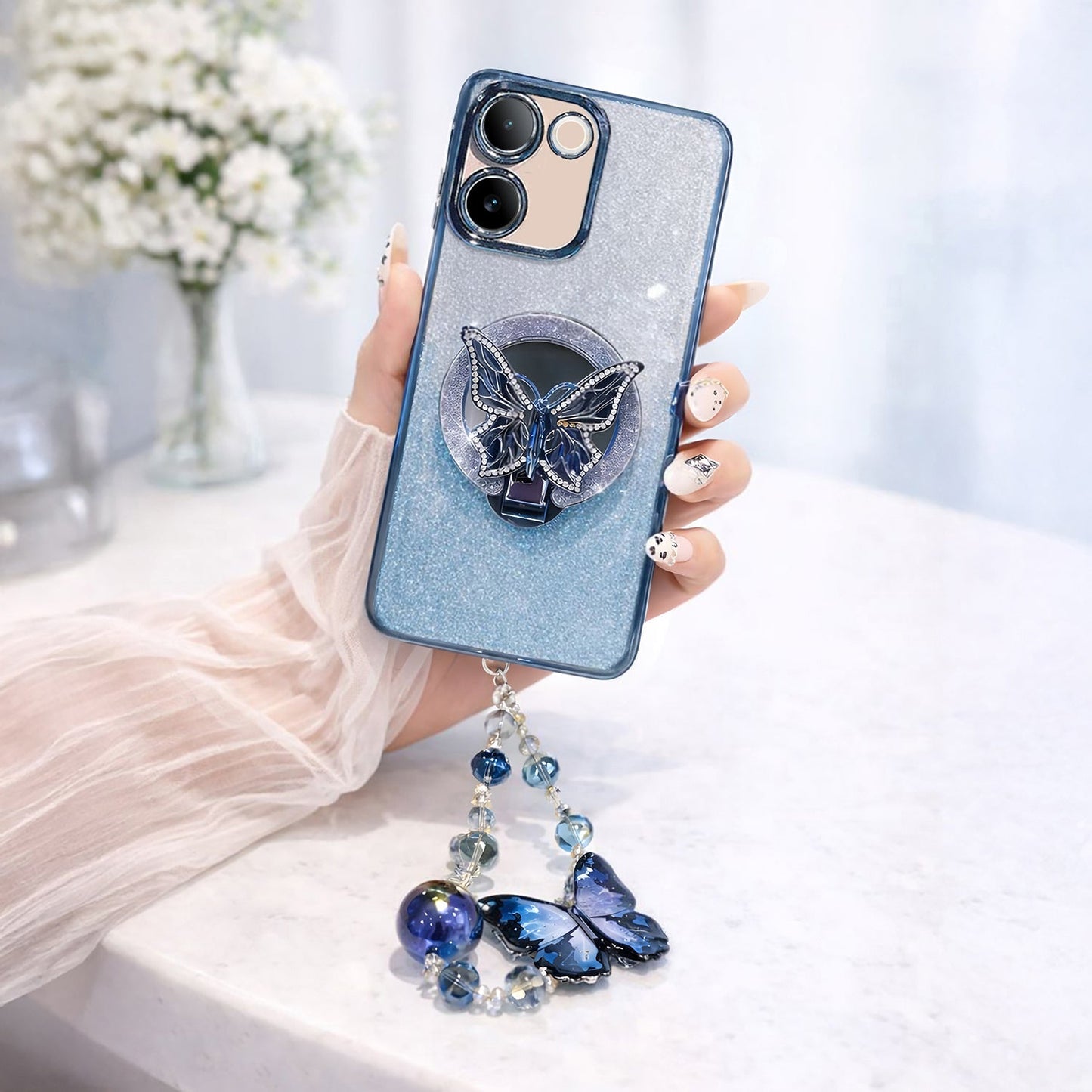 Vivo T2 Pro 5G Stunning Shimmer Electroplating Butterfly Stand Charm Case