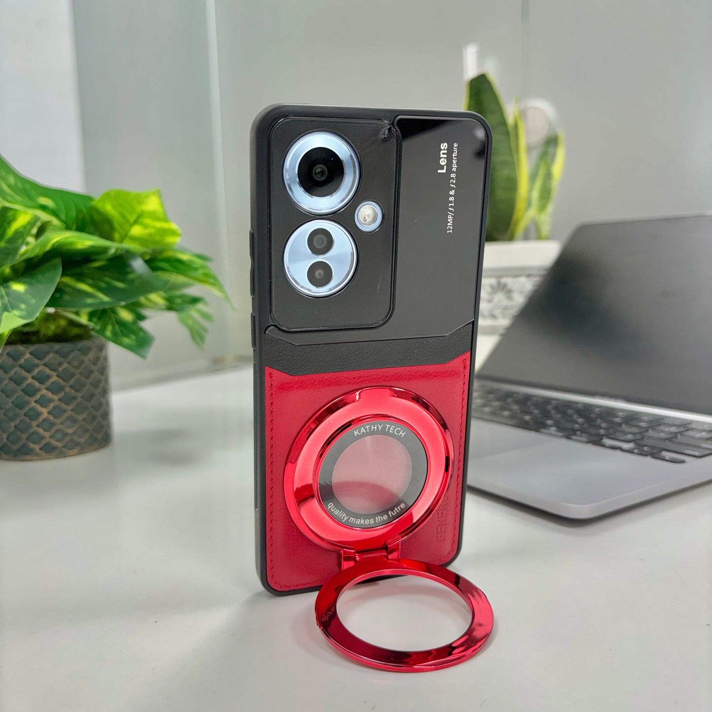 Oppo F25 Pro 5G Original Luxury Leather Lens Magnifier Ring Stand Case