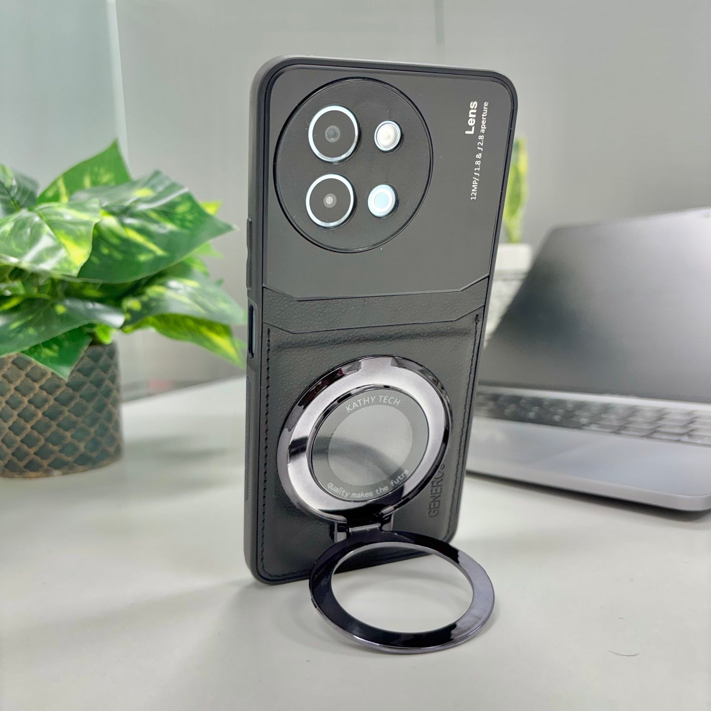 Vivo Y58 5G Original Luxury Leather Lens Magnifier Ring Stand Case